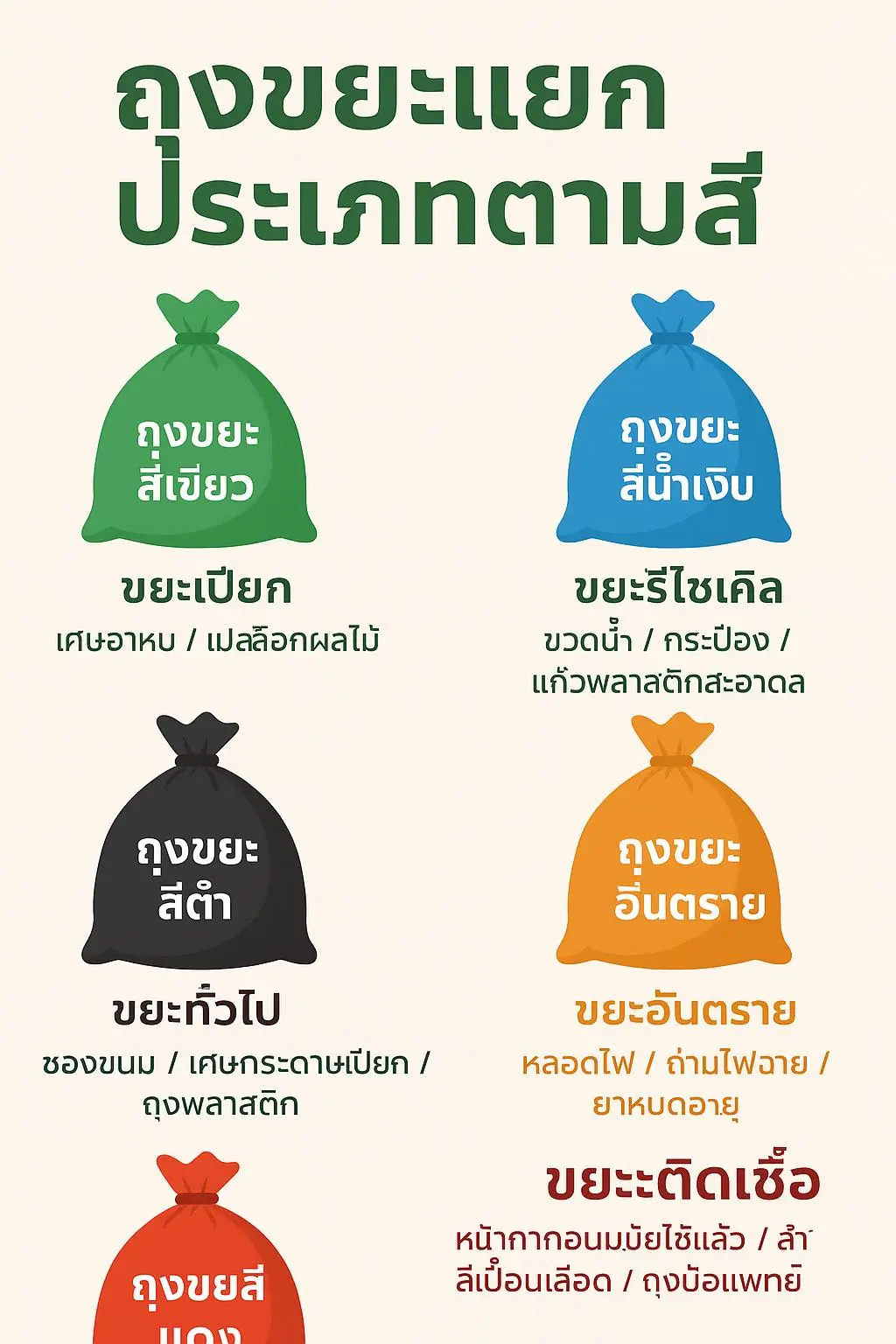 ถุงขยะแยกสี ใช้ให้ถูกต้อง ลดปัญหาขยะล้นโลกและสิ่งแวดล้อม